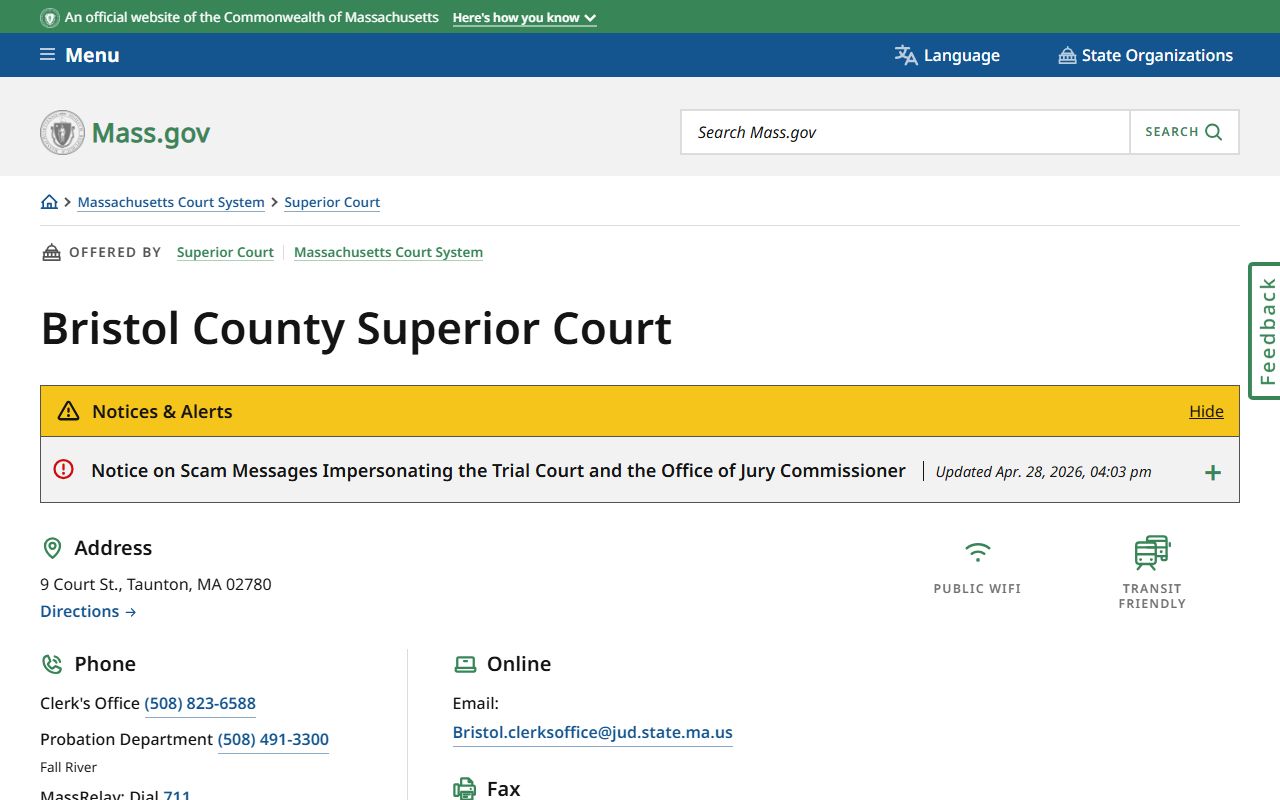 Bristol County Superior Court Taunton location page showing Bristol County clerk of courts contact details