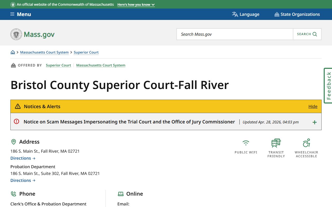 Bristol County Superior Court Fall River location page showing criminal court contact and transit details