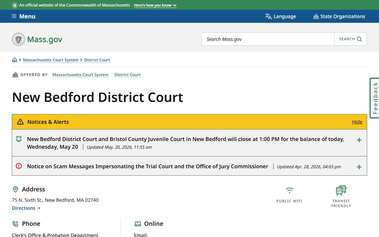 New Bedford District Court location page showing Bristol County court records access information