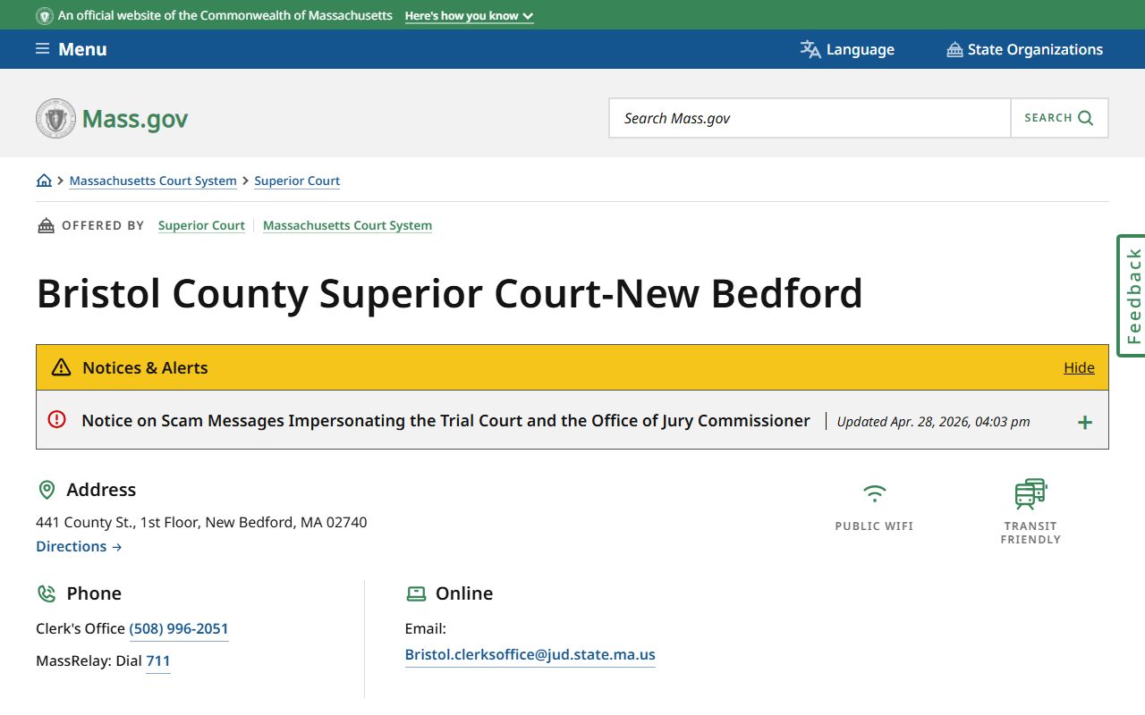 Bristol County Superior Court New Bedford location page showing civil court address and SRTA transit details