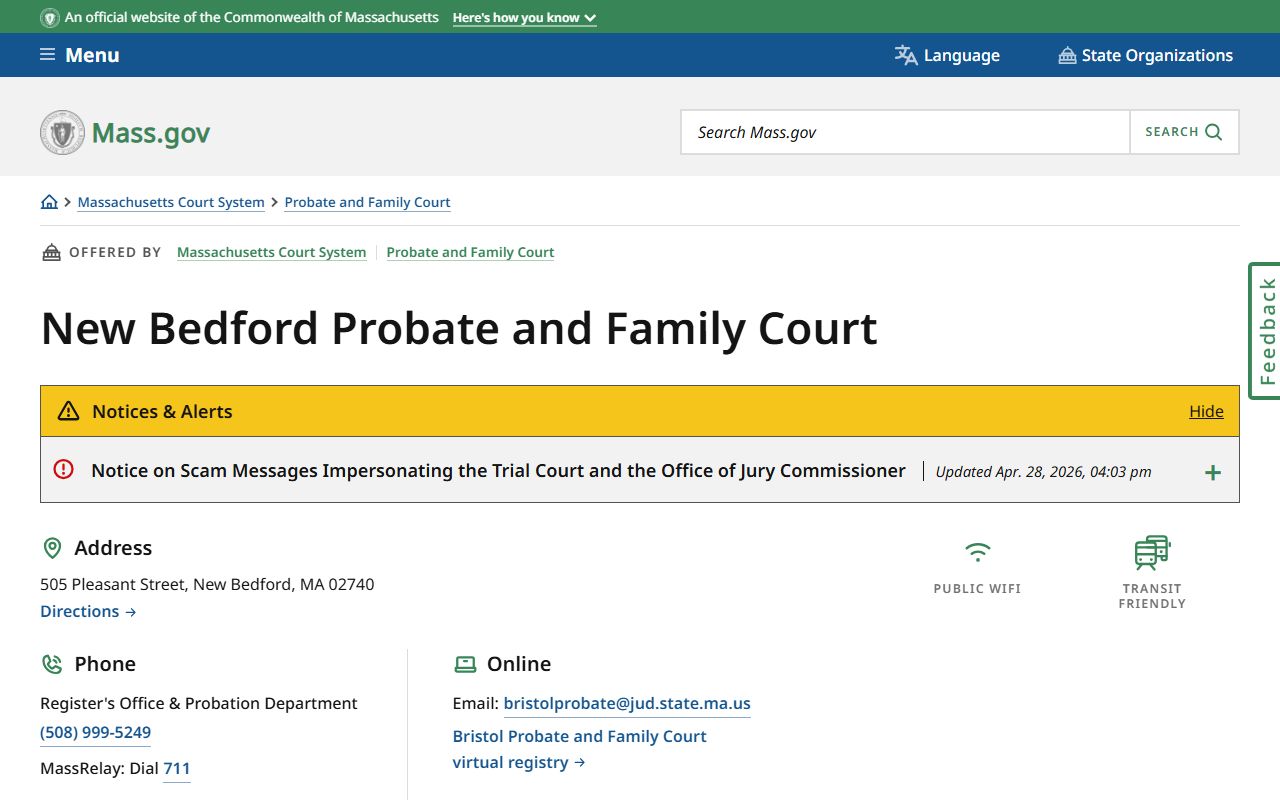 Bristol County probate court New Bedford location page with address and hours