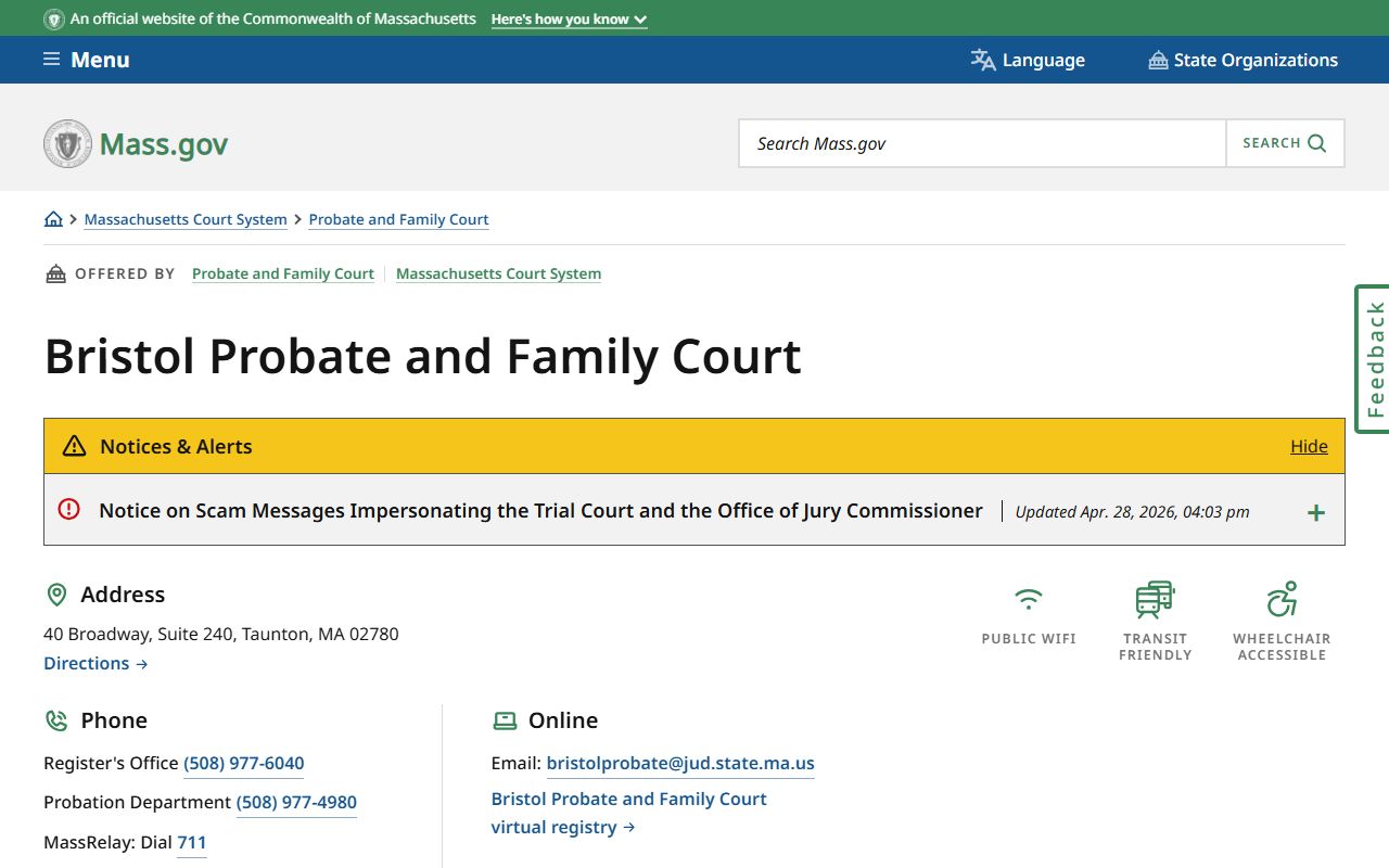 Bristol County probate and family court Taunton location page on Mass.gov