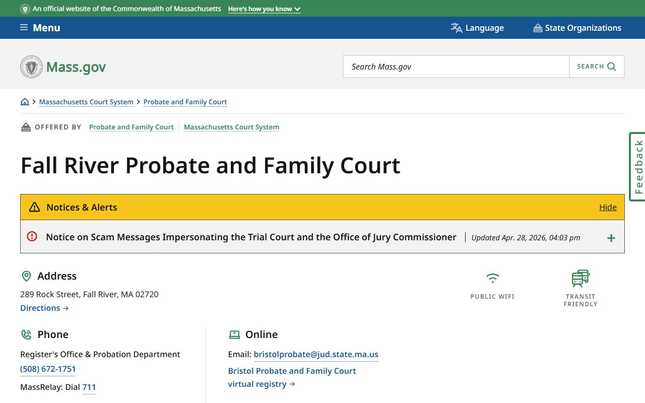 Bristol County probate court Fall River location page showing address and services