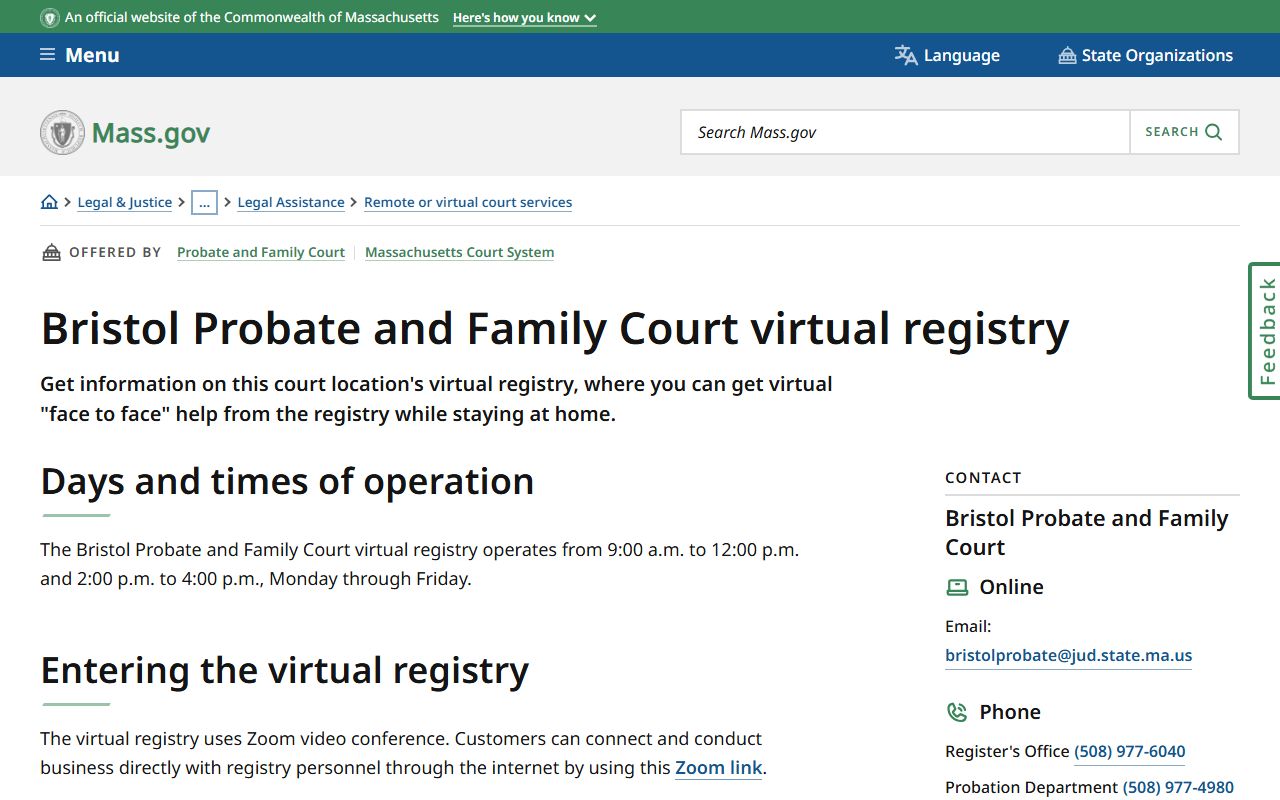 Bristol County divorce records Virtual Registry page showing Zoom access for the Bristol Probate and Family Court