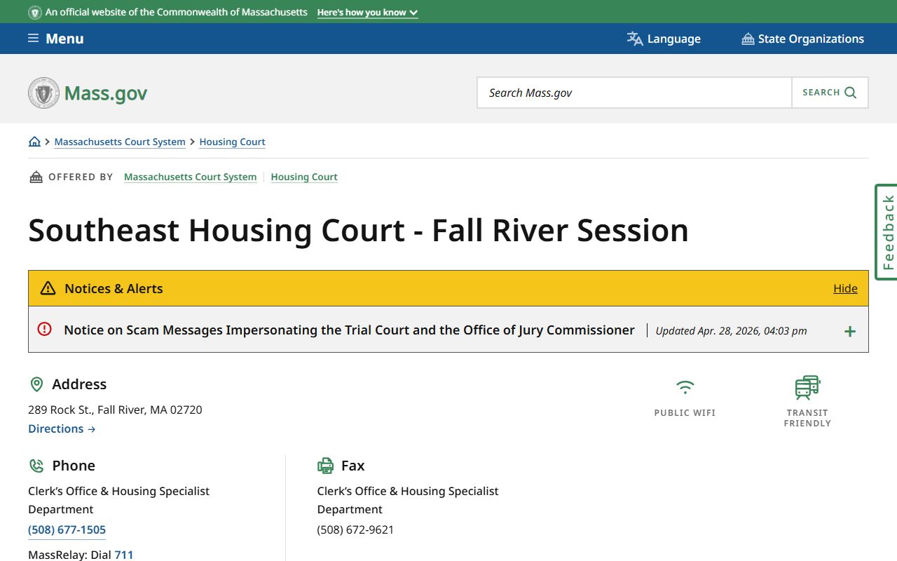 Southeast Housing Court Fall River session page showing Bristol County court clerk-magistrate office contact details