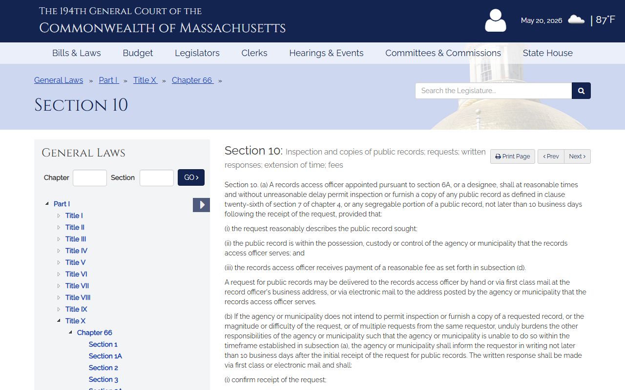 M.G.L. c. 66 Section 10 public records access statute for Bristol County public records