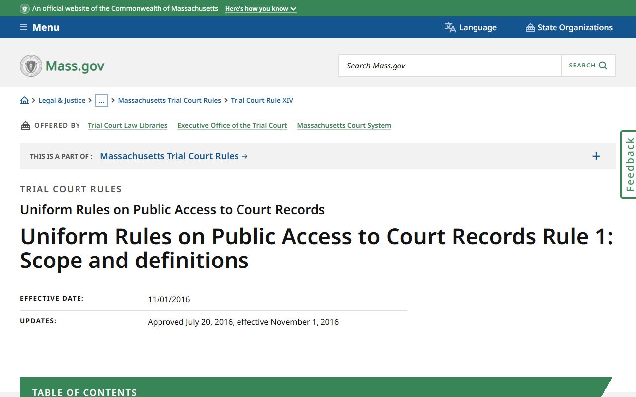 Massachusetts Uniform Rules on Public Access to Court Records Rule 1 defining scope of Bristol County court records access