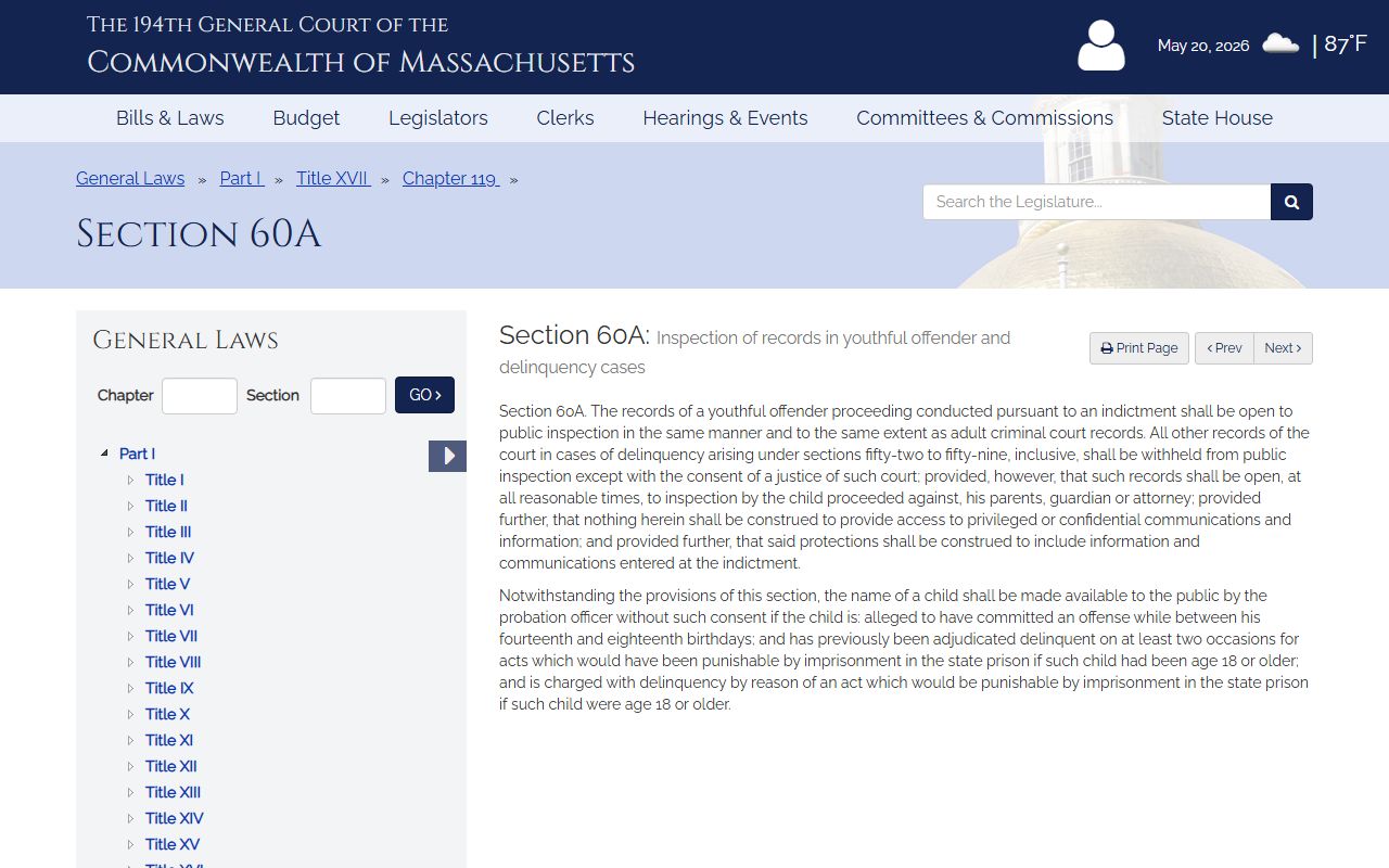 Massachusetts Legislature page for M.G.L. c. 119 section 60A restricting juvenile arrest records in Bristol County