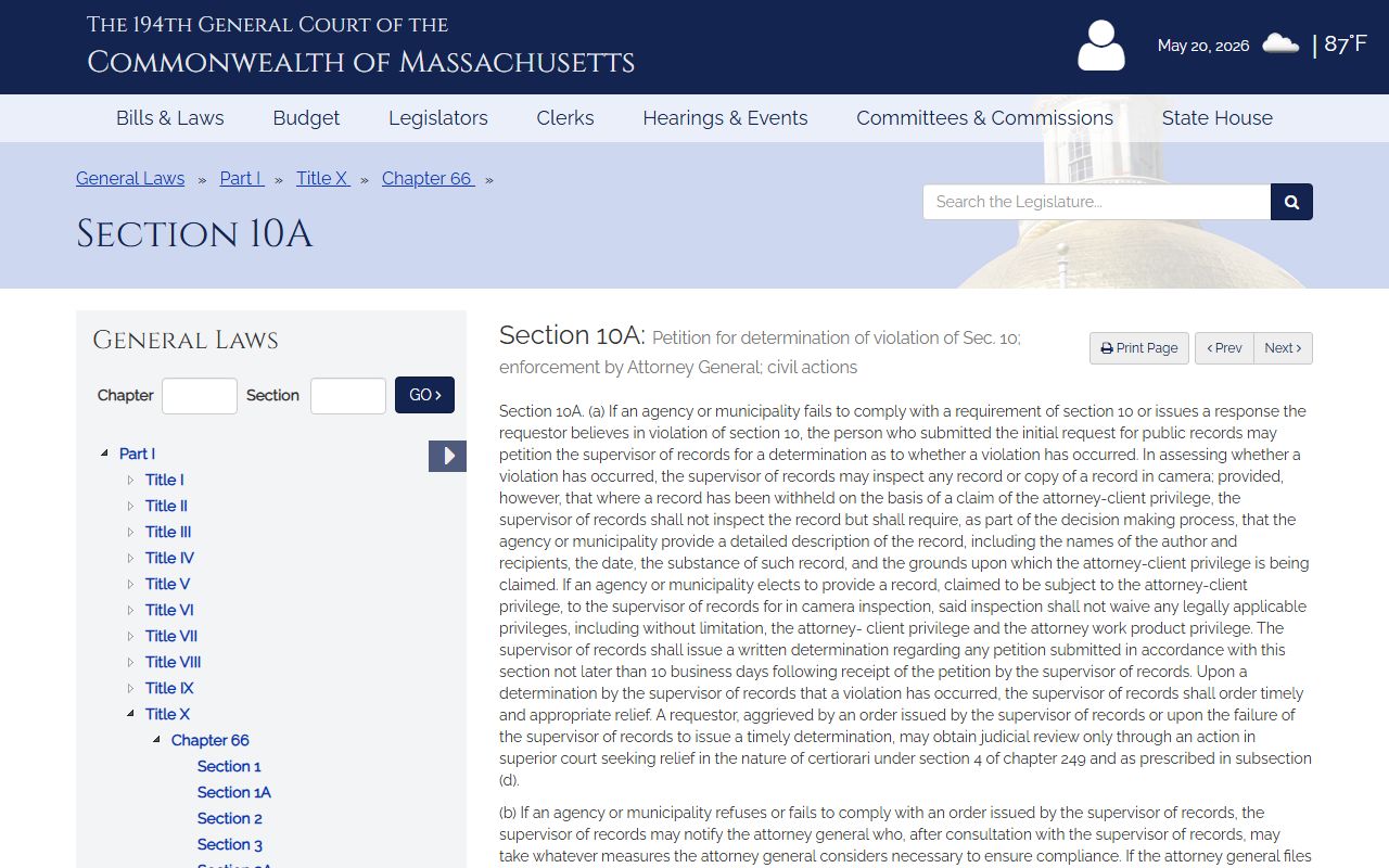 M.G.L. c. 66 Section 10A enforcement and appeals statute for Bristol County public records denials