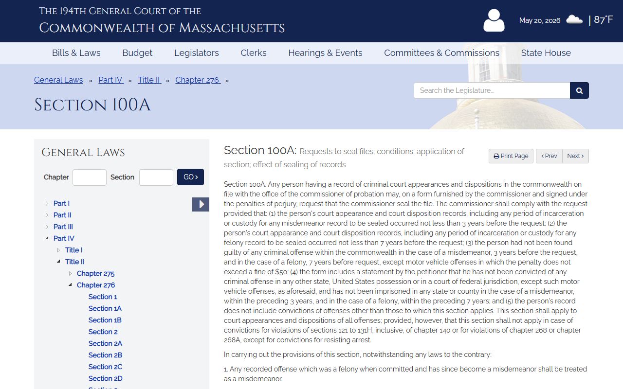 Massachusetts Legislature page showing Bristol County arrest records sealing statute M.G.L. c. 276 section 100A