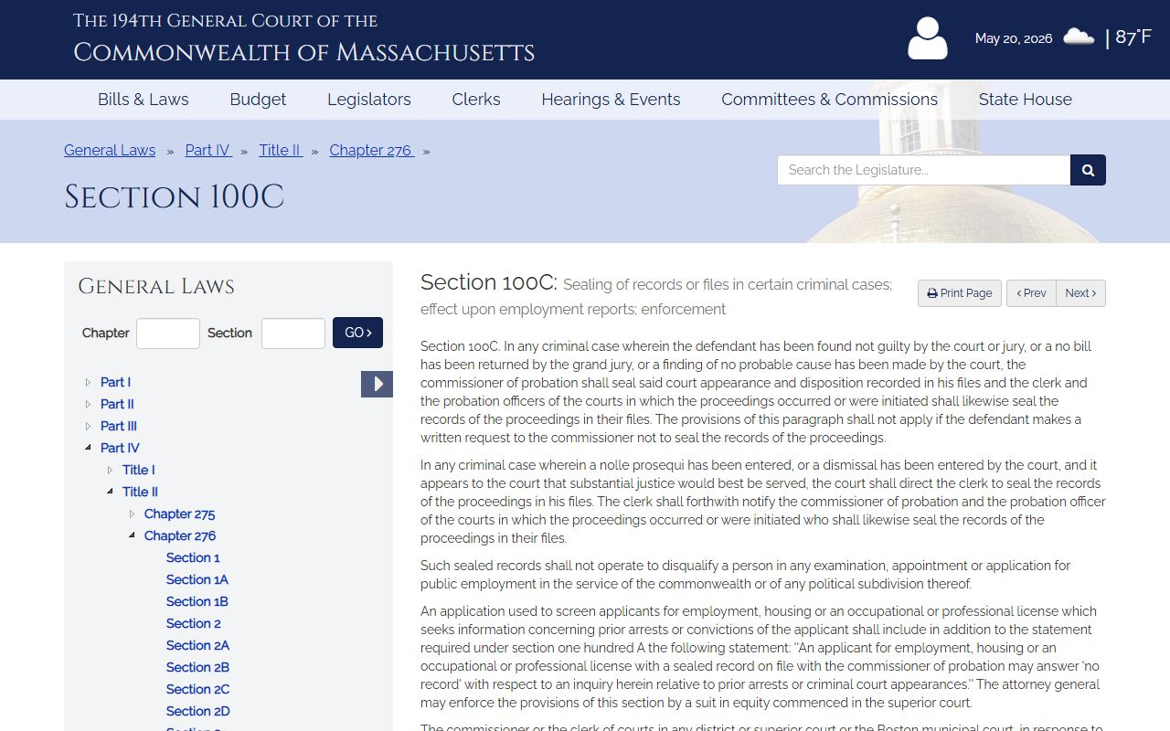 Massachusetts Legislature page for M.G.L. c. 276 section 100C sealing statute relevant to Bristol County arrest records