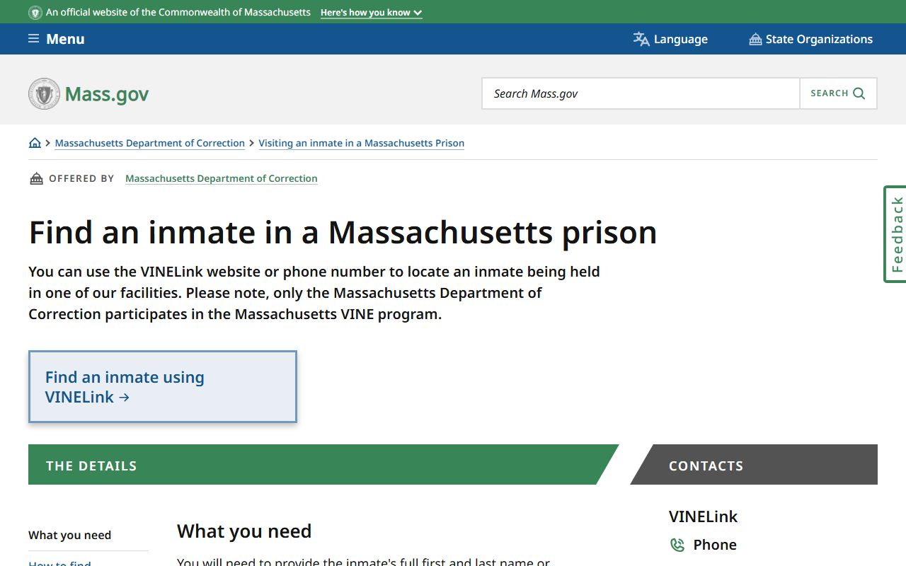 Mass.gov find an inmate guidance page directing users to VINELink for Bristol County inmate searches