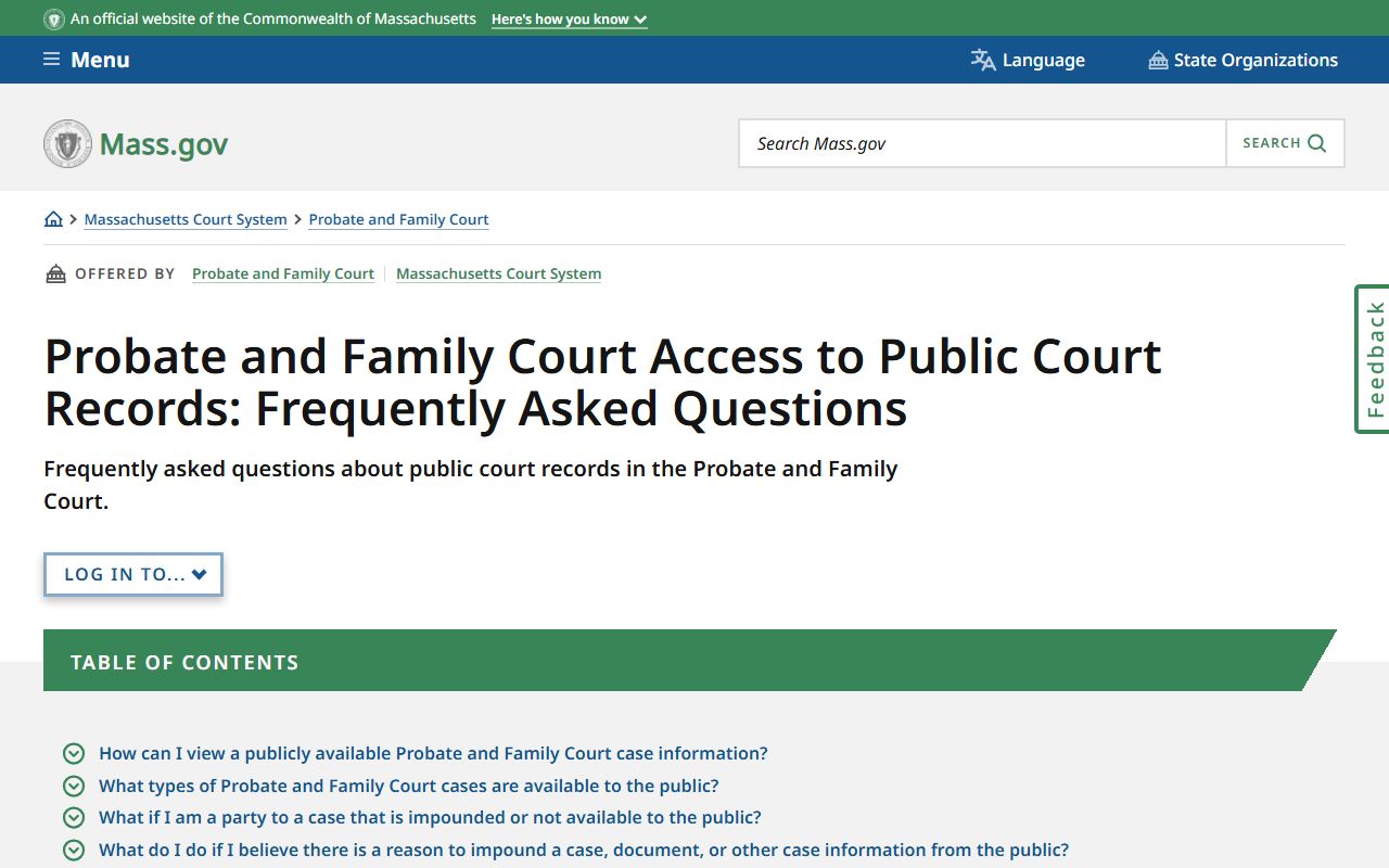 Bristol County probate records FAQ page on Mass.gov covering public access and impoundment rules