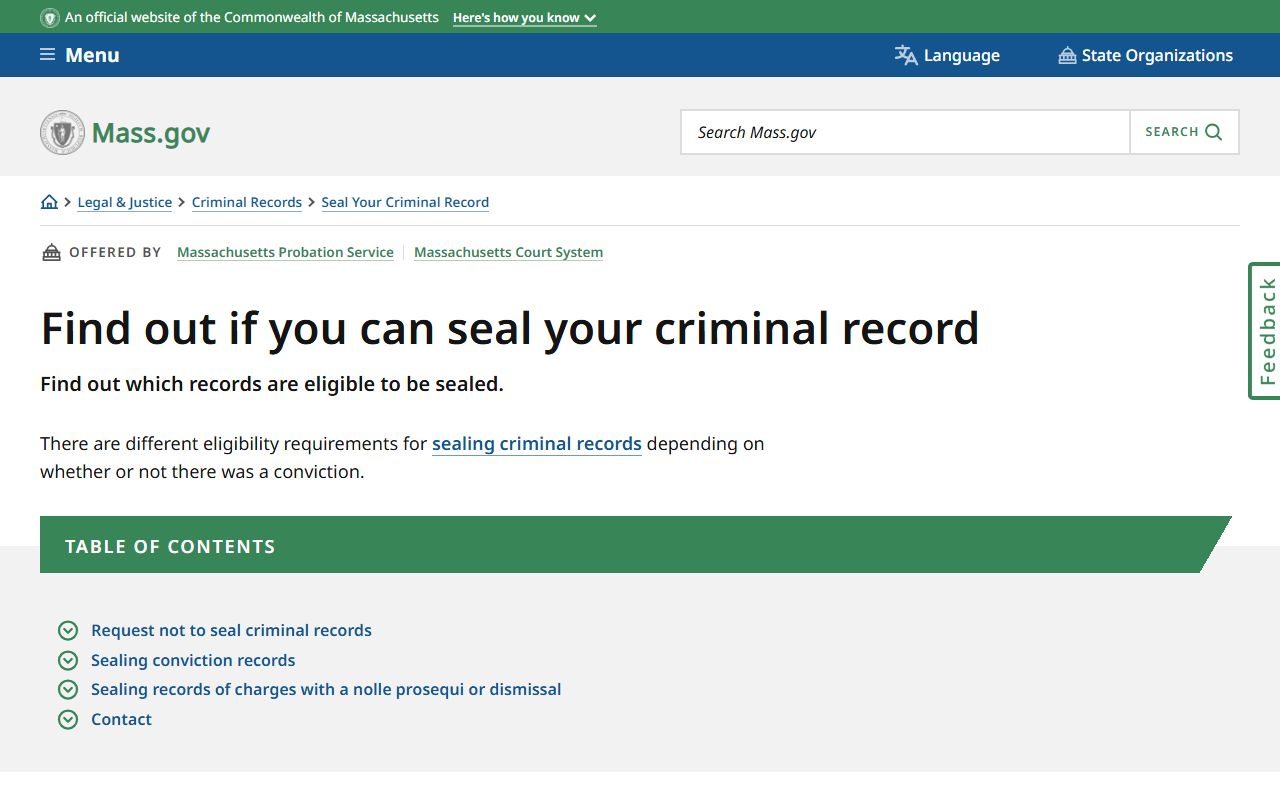 Mass.gov page showing criminal record sealing eligibility guidance relevant to Bristol County arrest records