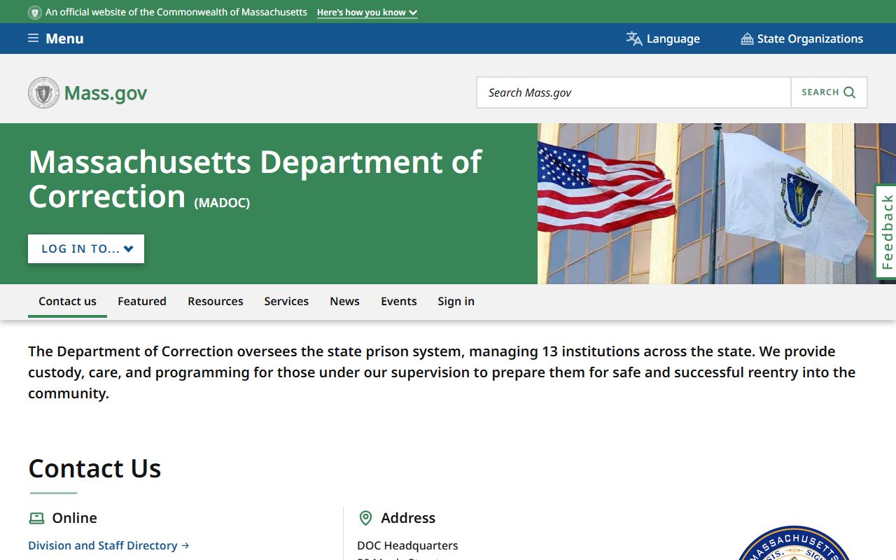 Massachusetts Department of Correction page showing Bristol County inmate custody context