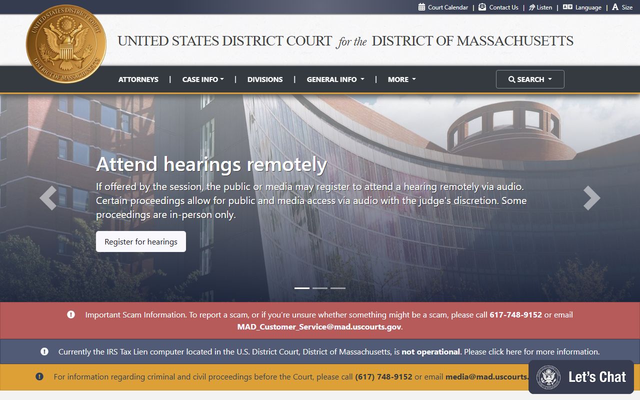 U.S. District Court for Massachusetts website for searching federal Bristol County court records