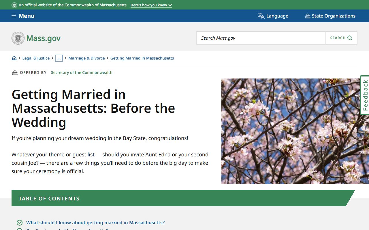 Massachusetts marriage guide page showing Bristol County marriage license application process
