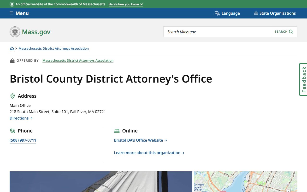 Bristol County District Attorney's Office Mass.gov page showing contact information related to Bristol County arrest records