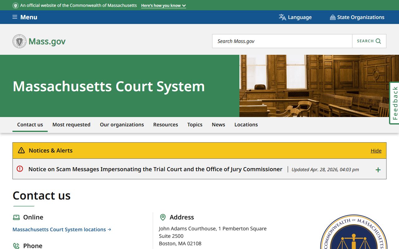 Bristol County court records search page on the Massachusetts Court System site