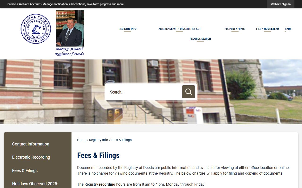 Bristol County records fees on the Northern Bristol Registry of Deeds page