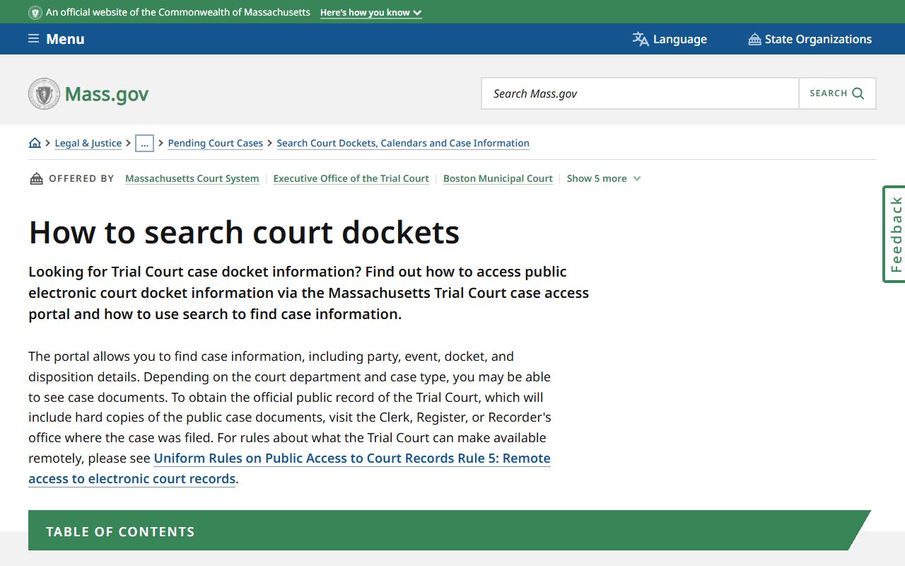 Mass.gov how to search Bristol County court dockets guidance page