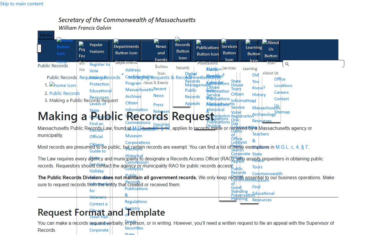 Secretary of the Commonwealth public records guidance page for Bristol County public records requests